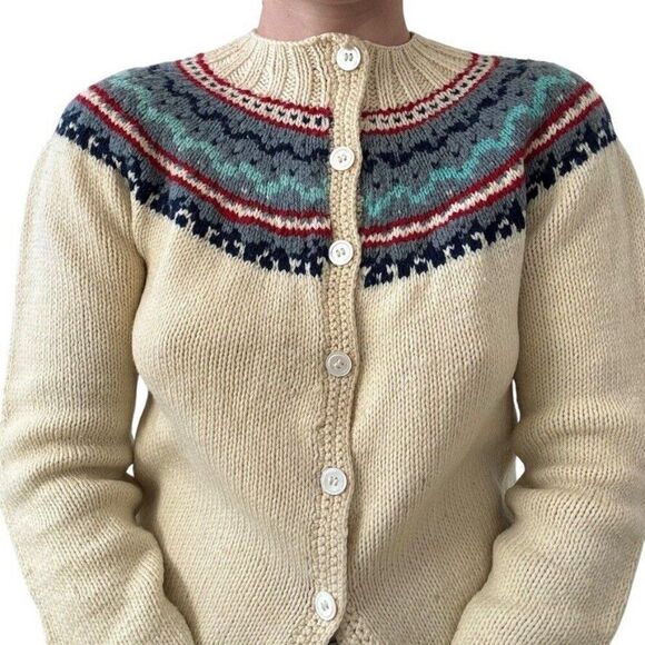 Vintage 1970s Womens Hand Knit 100% Wool Fair Isle Hippie Cardigan Sweater Sz M - Picture 5 of 7